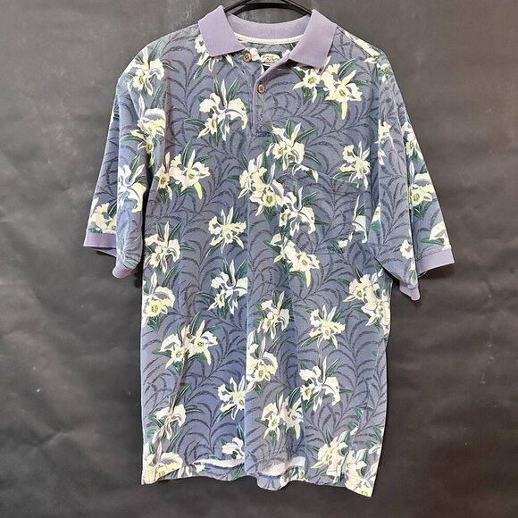 Tommy Bahama Cotton Short Sleeve Polo Shirt Hawaiian Aloha Iris Floral Medium - Picture 1 of 5